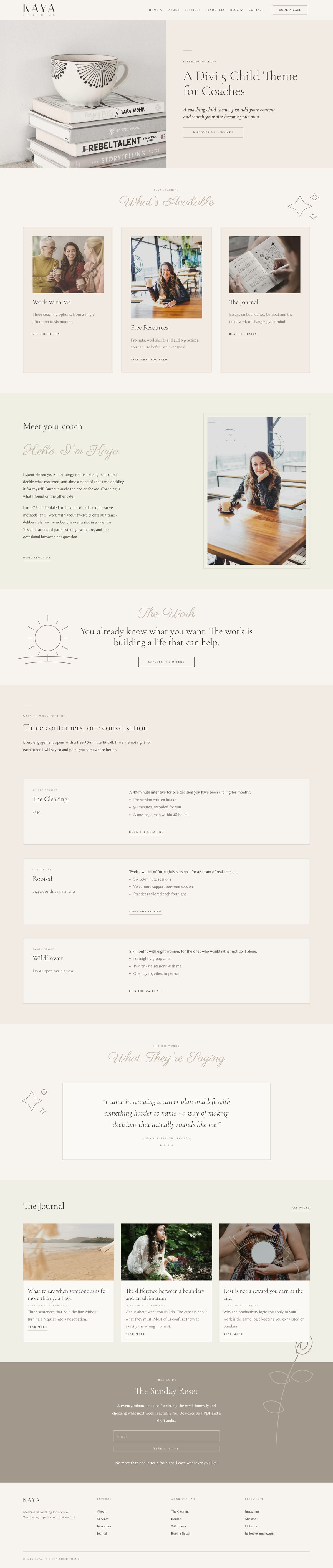 The Kaya demo home page from top to bottom