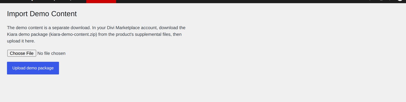 The Import Demo Content screen before a package is uploaded