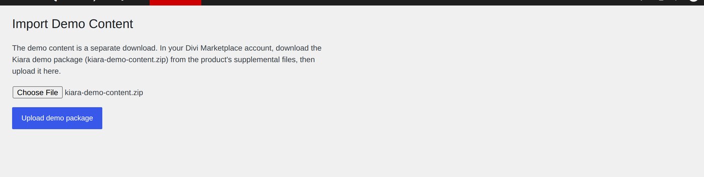 Choosing kiara-demo-content.zip on the import screen