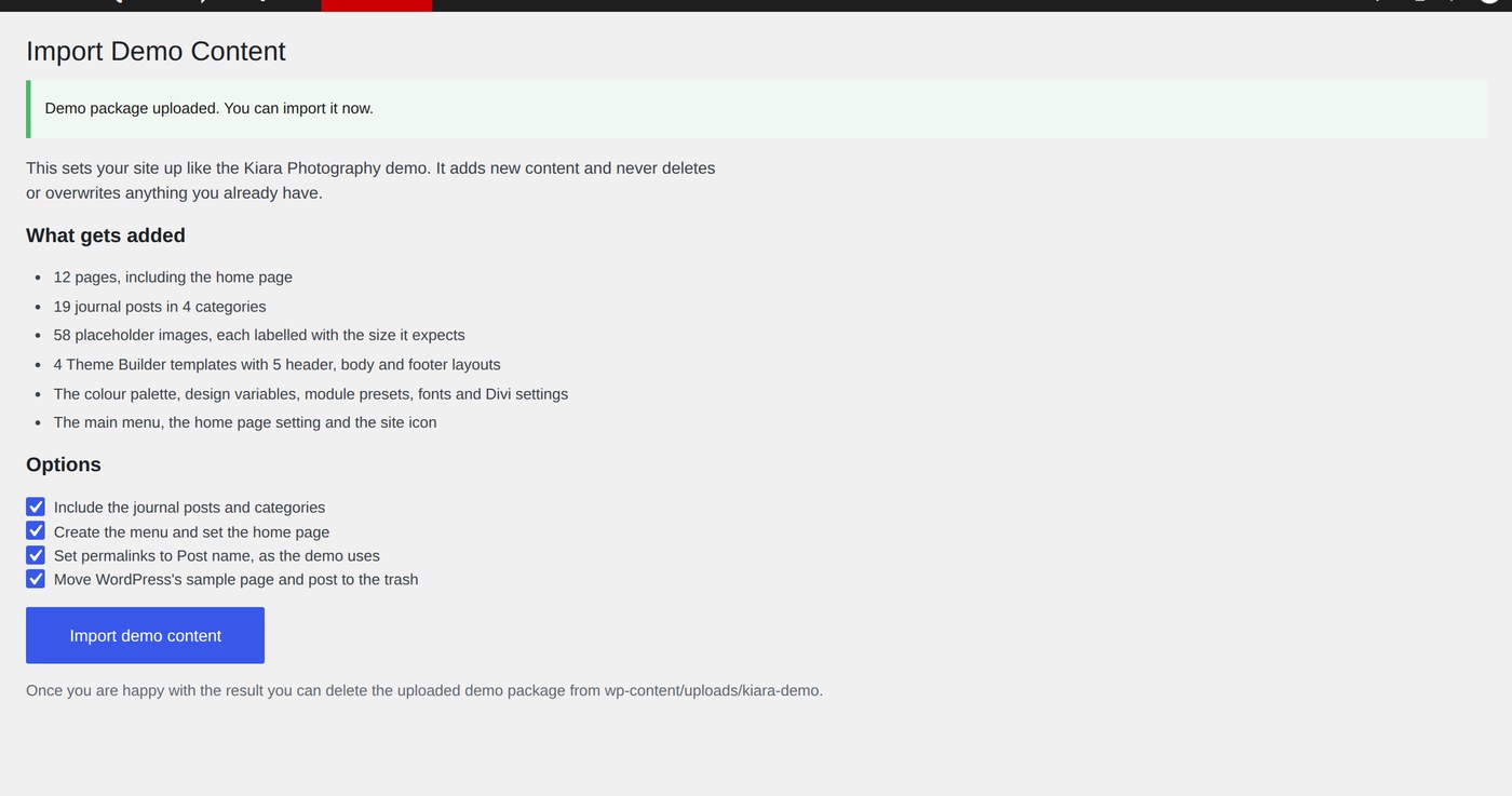 The import options and the Import demo content button