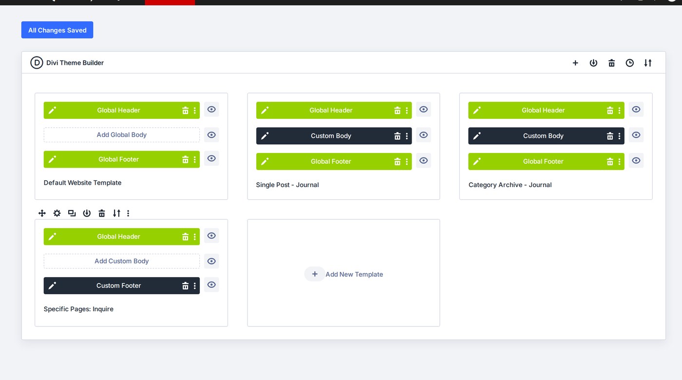The four Kiara templates in the Divi Theme Builder
