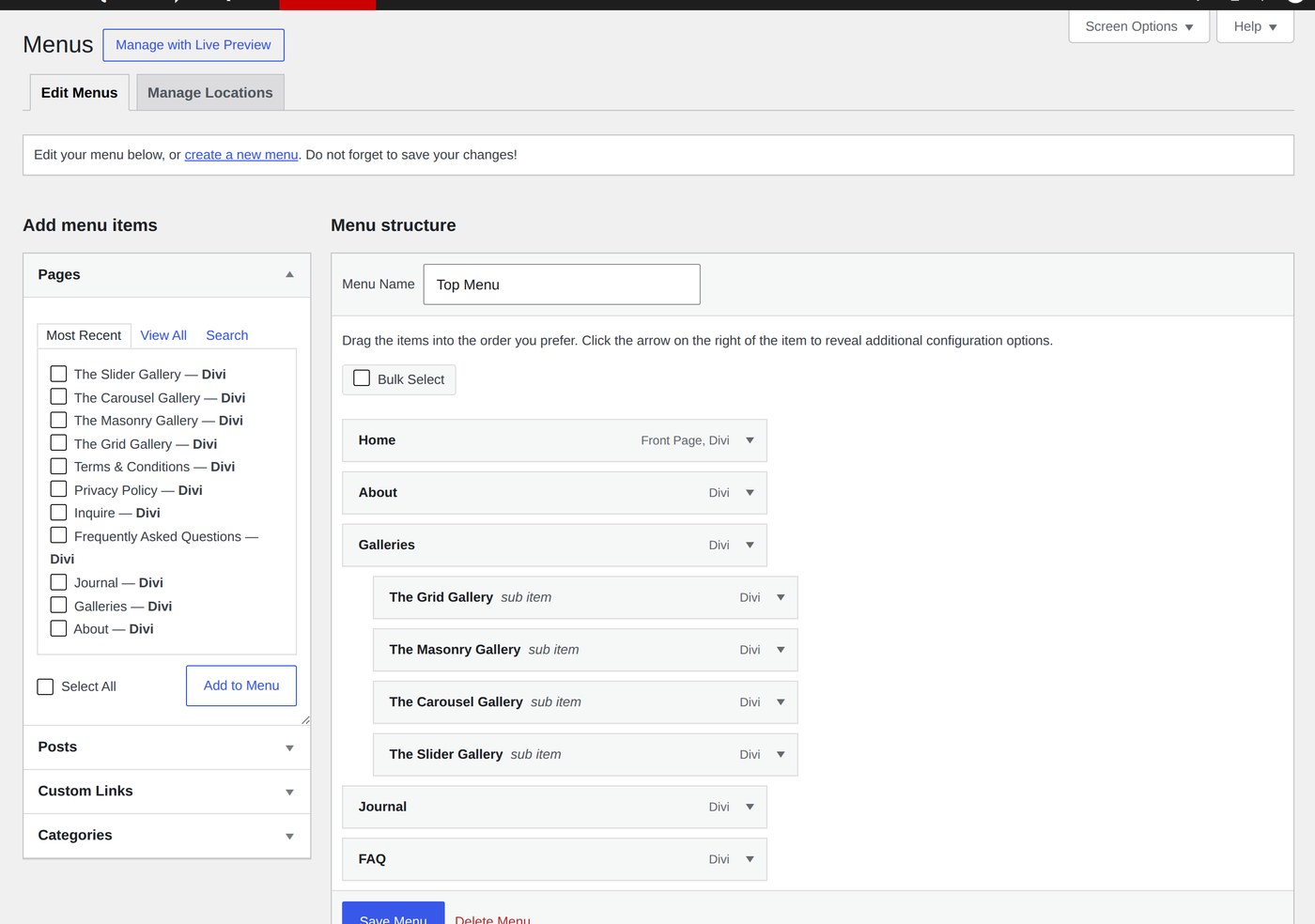 The imported main menu under Appearance Menus