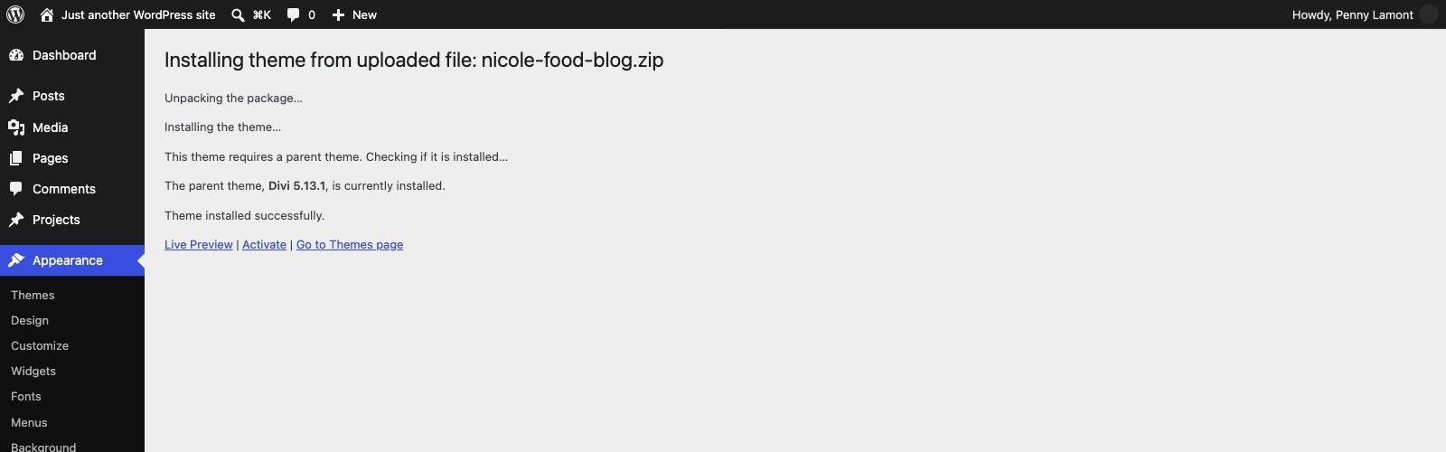 WordPress confirming the theme installed successfully, with the Activate link