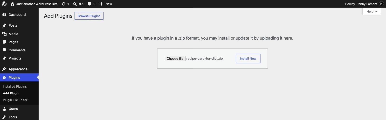 The WordPress plugin uploader with recipe-card-for-divi.zip chosen