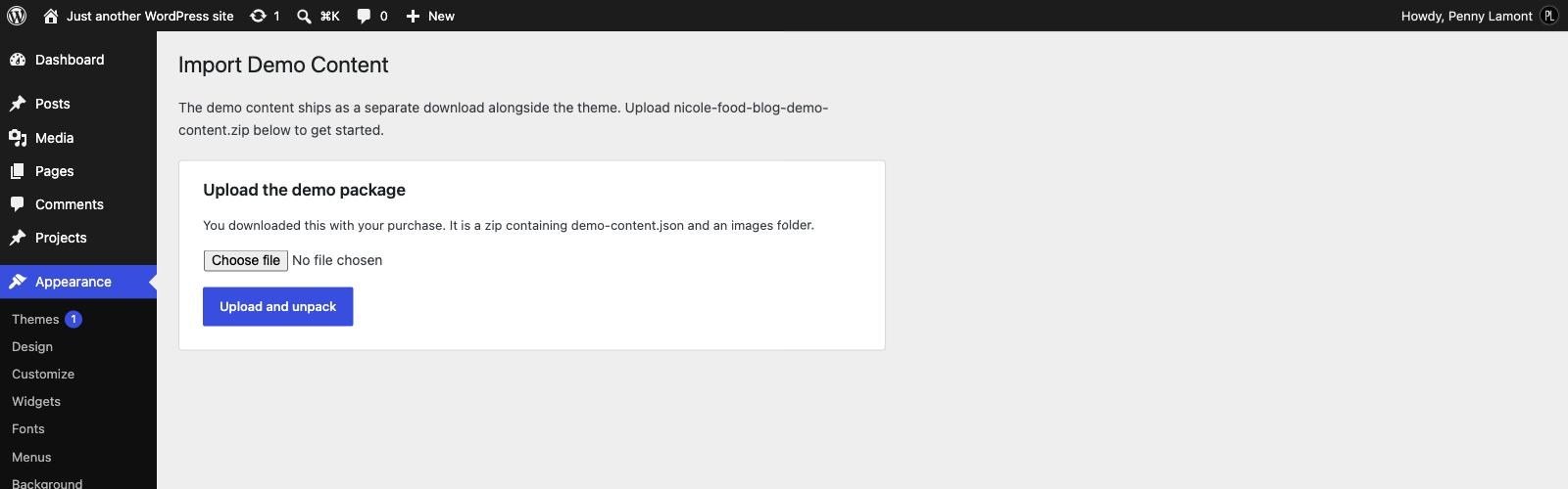 The Import Demo Content screen before a package has been chosen