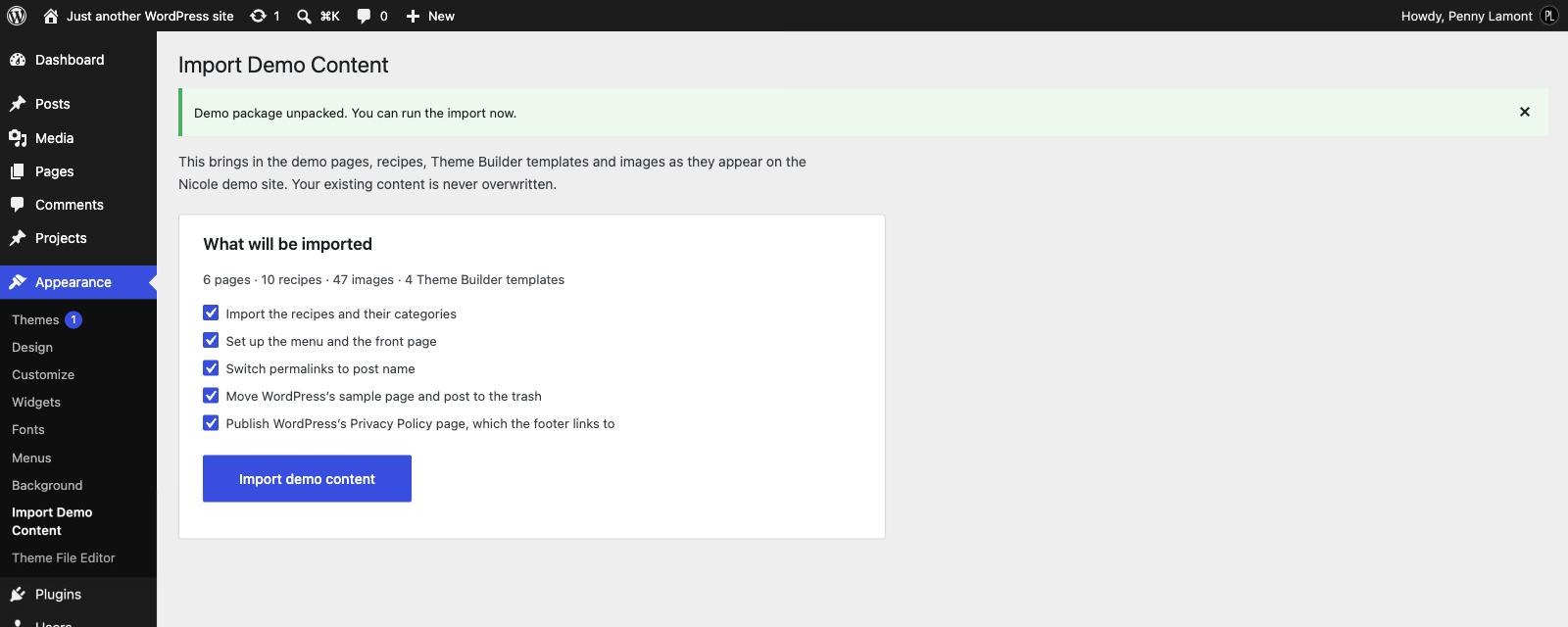 The import options, listing what will be imported with five checkboxes ticked