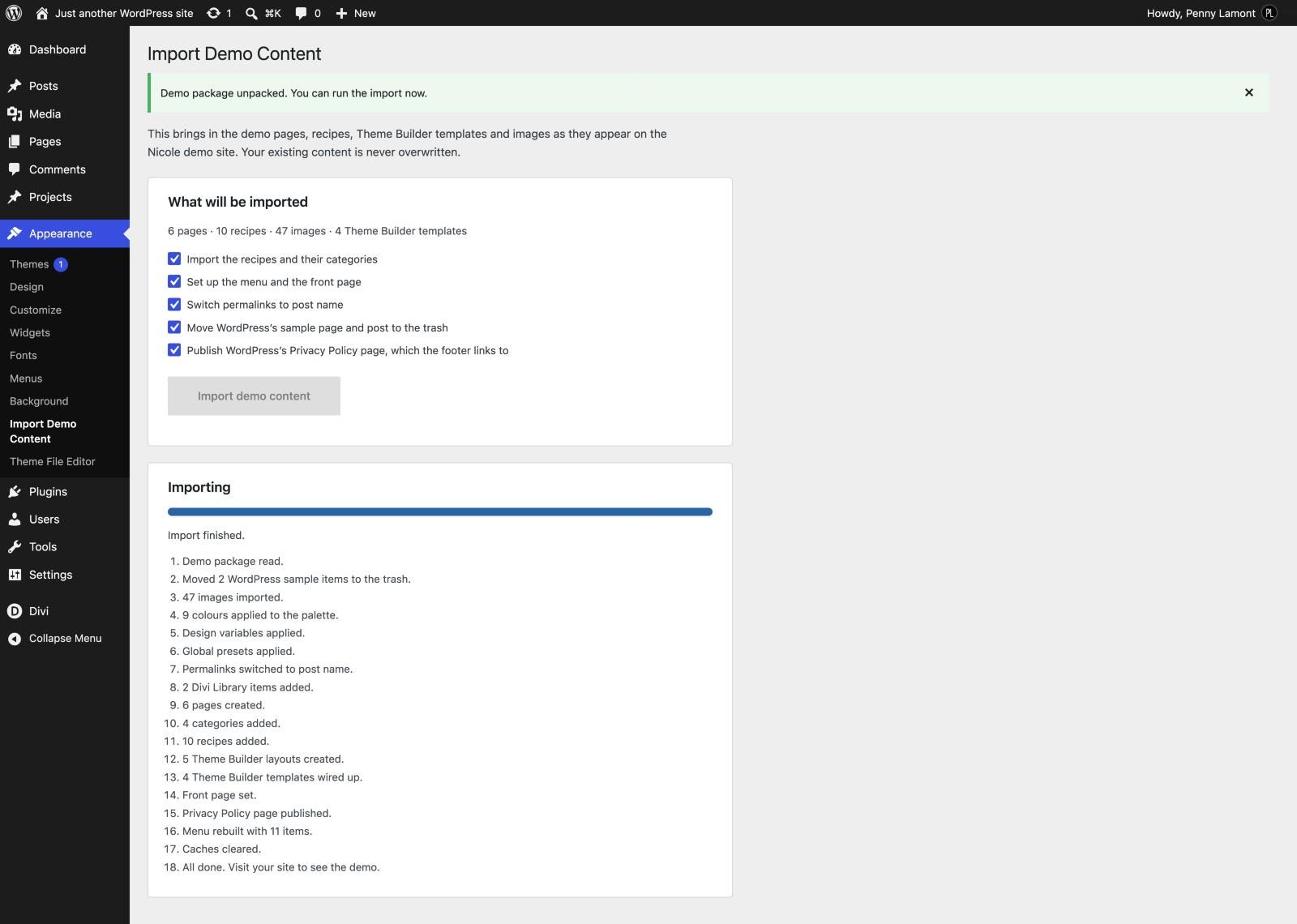 The finished import, with a full progress bar and the eighteen completed steps listed