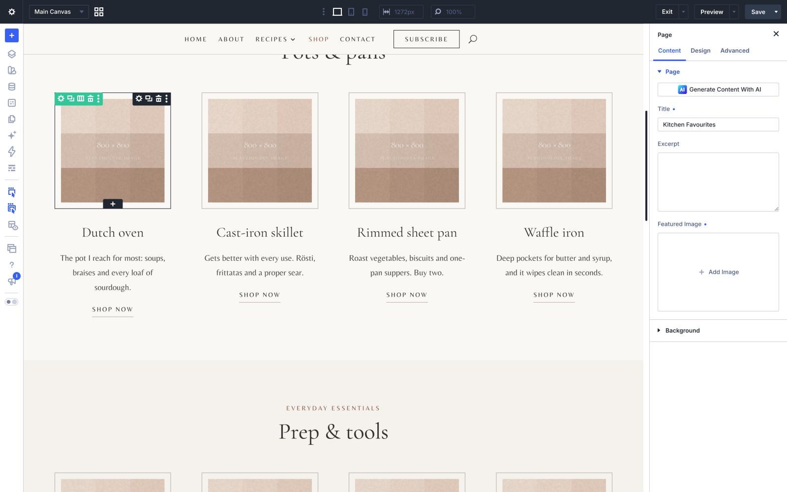 A Kitchen Favourites image hovered in the Divi builder, showing its toolbar