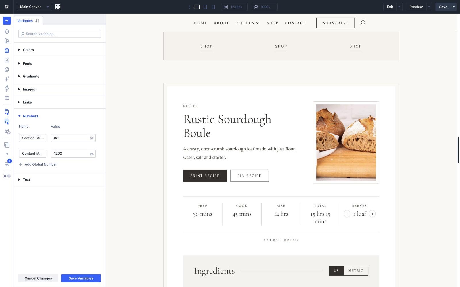 The Divi Variable Manager with the Numbers group open, showing Section Band Padding and Content Max Width