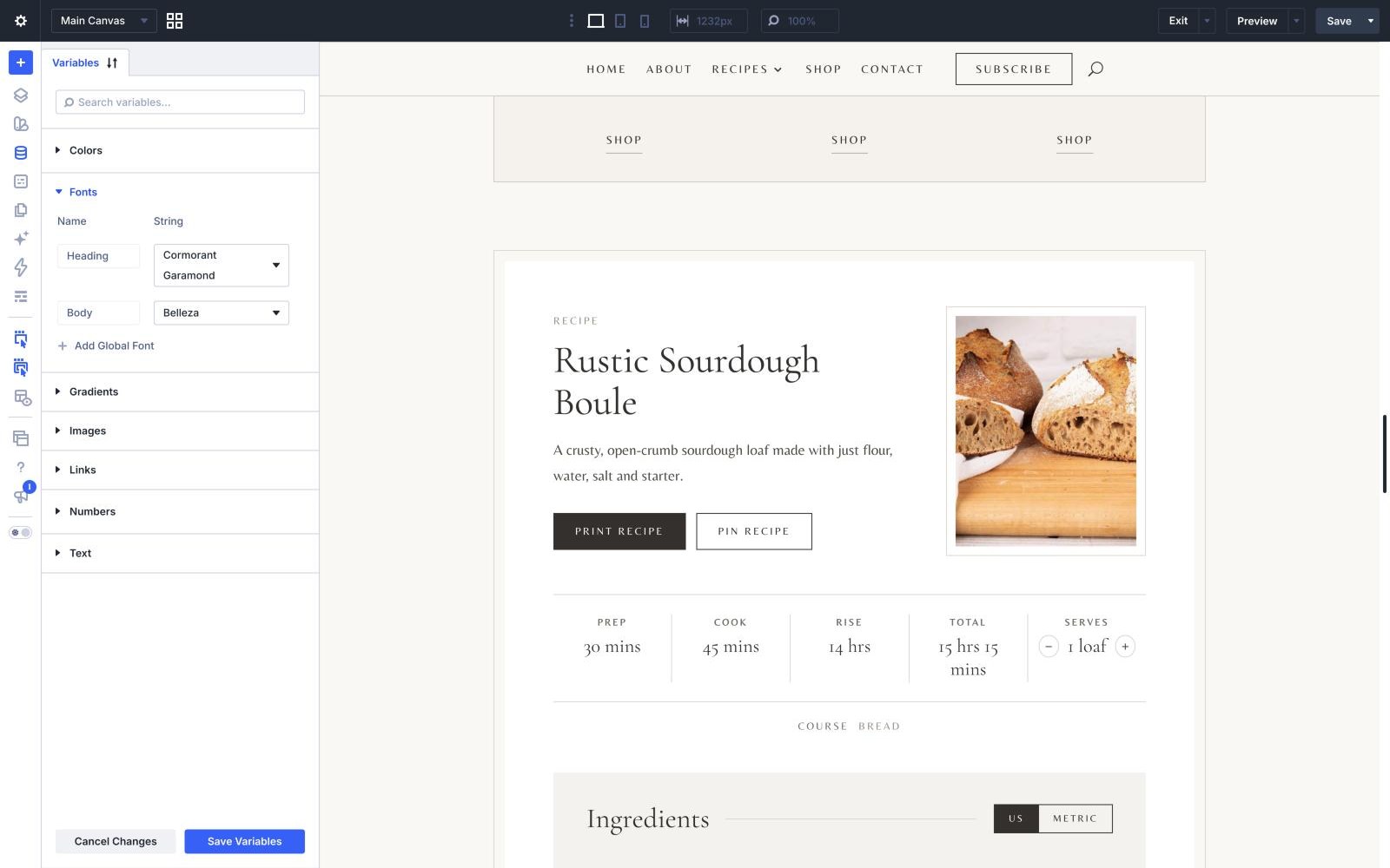 The Divi Variable Manager with the Fonts group open: Cormorant Garamond and Belleza