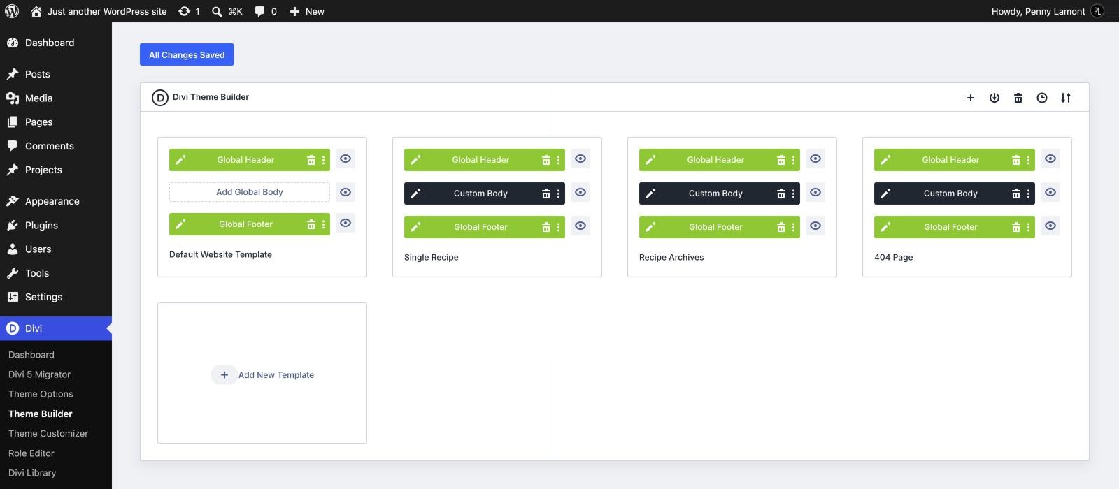 The Divi Theme Builder showing the four Nicole templates
