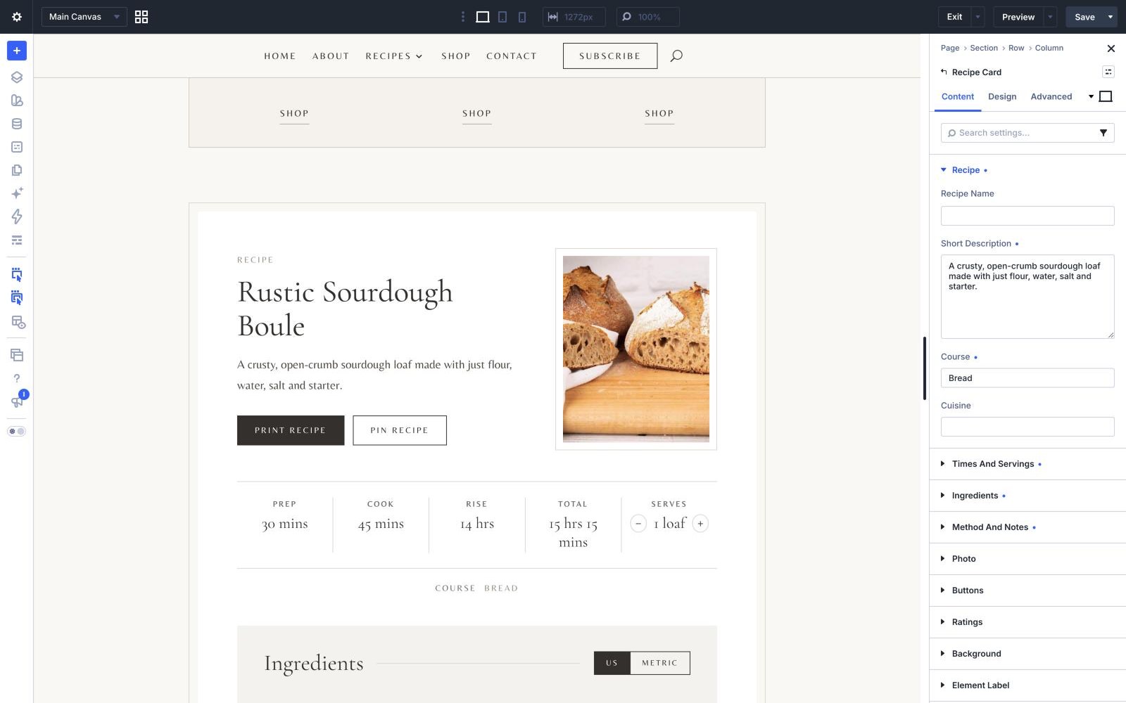 The Recipe Card module open in the Divi builder, with its settings panel