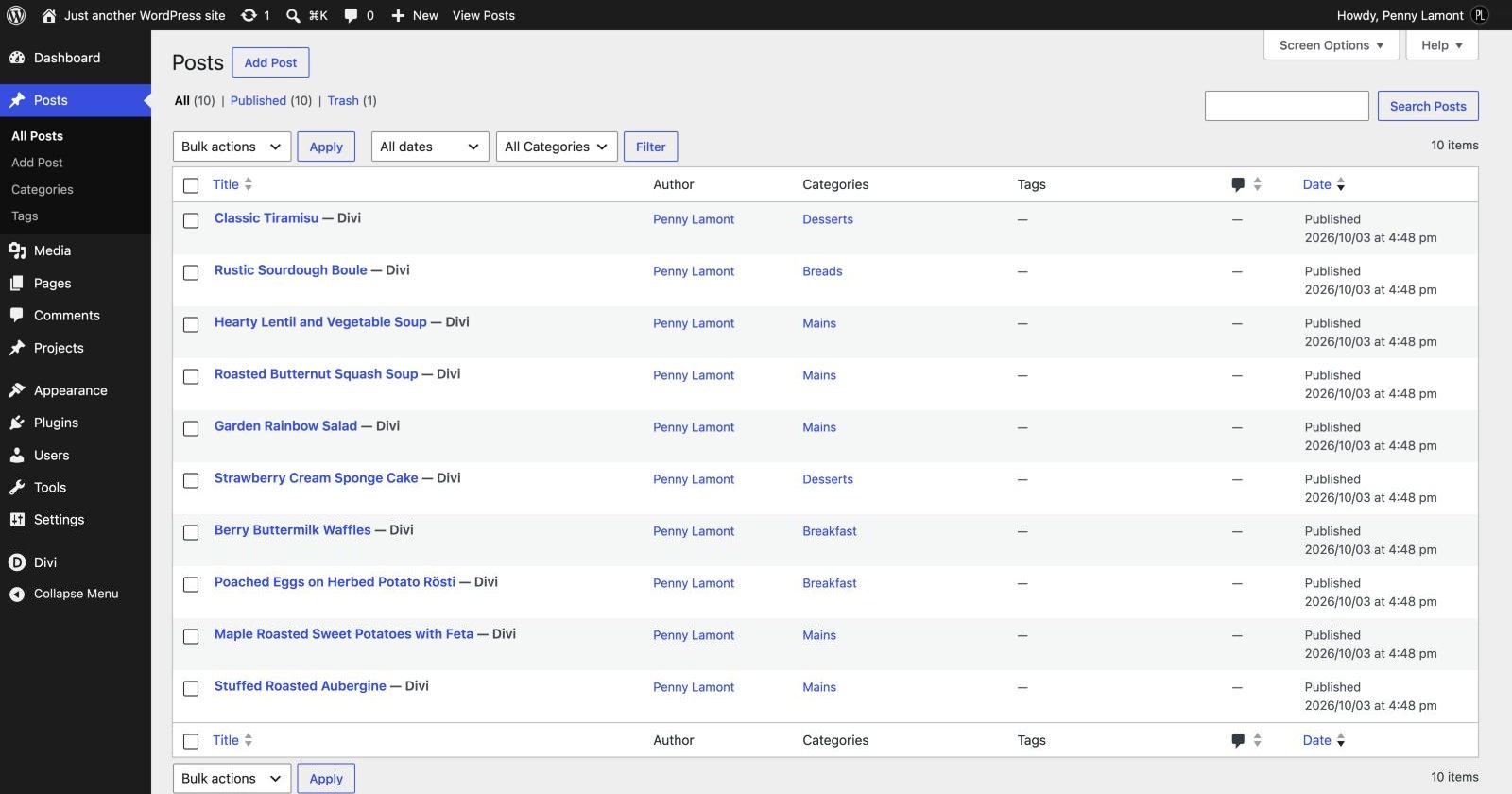 The Posts screen listing the ten demo recipes and their categories