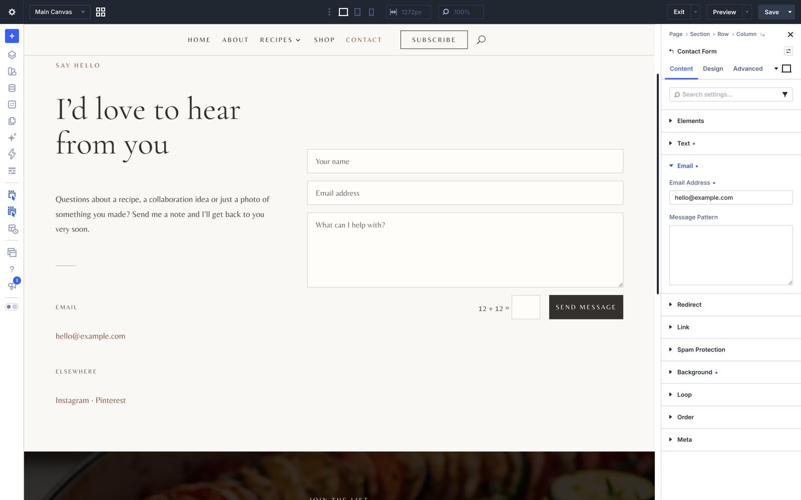 The Contact Form module settings with the Email group open