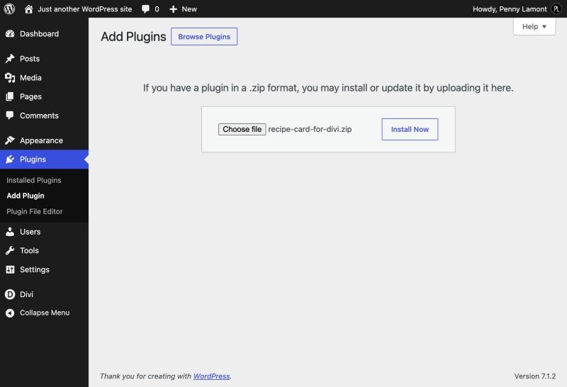 The WordPress plugin uploader with recipe-card-for-divi.zip chosen and Install Now ready to click