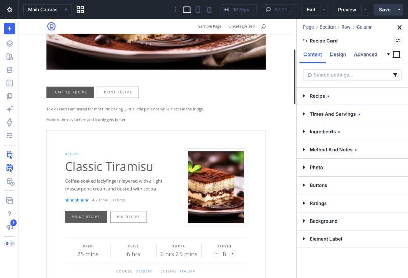 The Recipe Card Content tab with its seven groups closed, beside the card in the Visual Builder