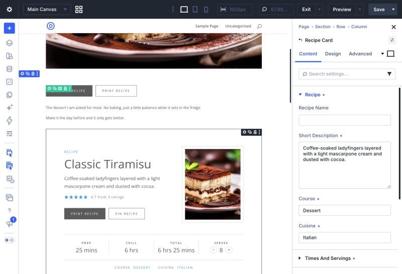 The Recipe group: Recipe Name left empty, a Short Description, Course set to Dessert and Cuisine to Italian