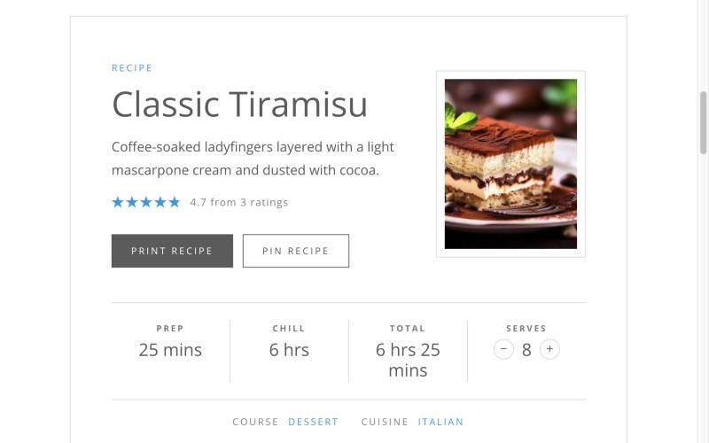 The finished card: recipe name, description, average rating, Print and Pin buttons, photo, and the Prep, Chill, Total and Serves strip