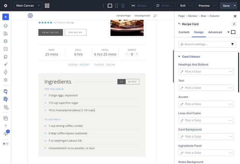 The Card Colours group with its colour pickers, beside the card’s ingredients panel