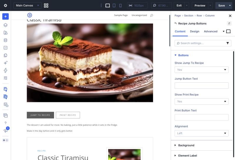 The Recipe Jump Buttons Content tab: Show Jump To Recipe, Jump Button Text, Show Print Recipe, Print Button Text and Alignment