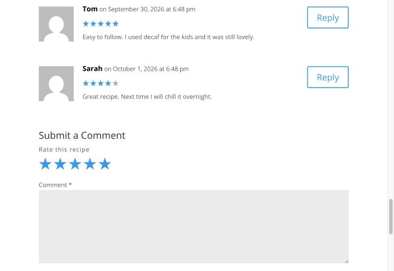Comments showing five and four star ratings, and the comment form with a row of stars above the comment box