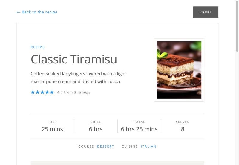 The print view: a Back to the recipe link, a Print button, and the card on its own