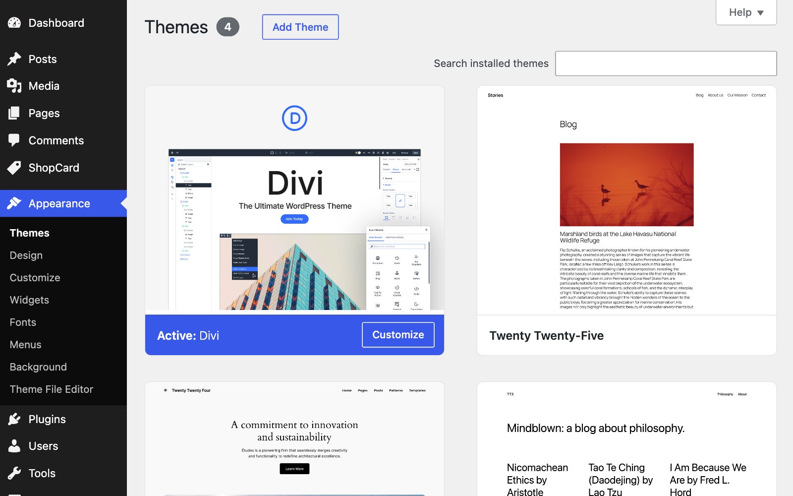 The Themes screen in the WordPress admin, with the Add Theme button
