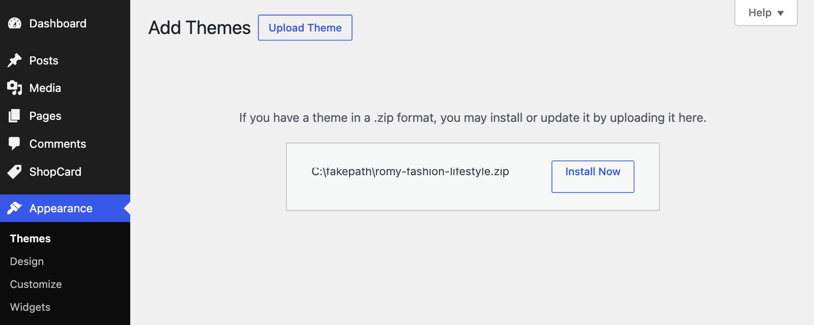 The WordPress theme uploader with romy-fashion-lifestyle.zip chosen and Install Now ready to click