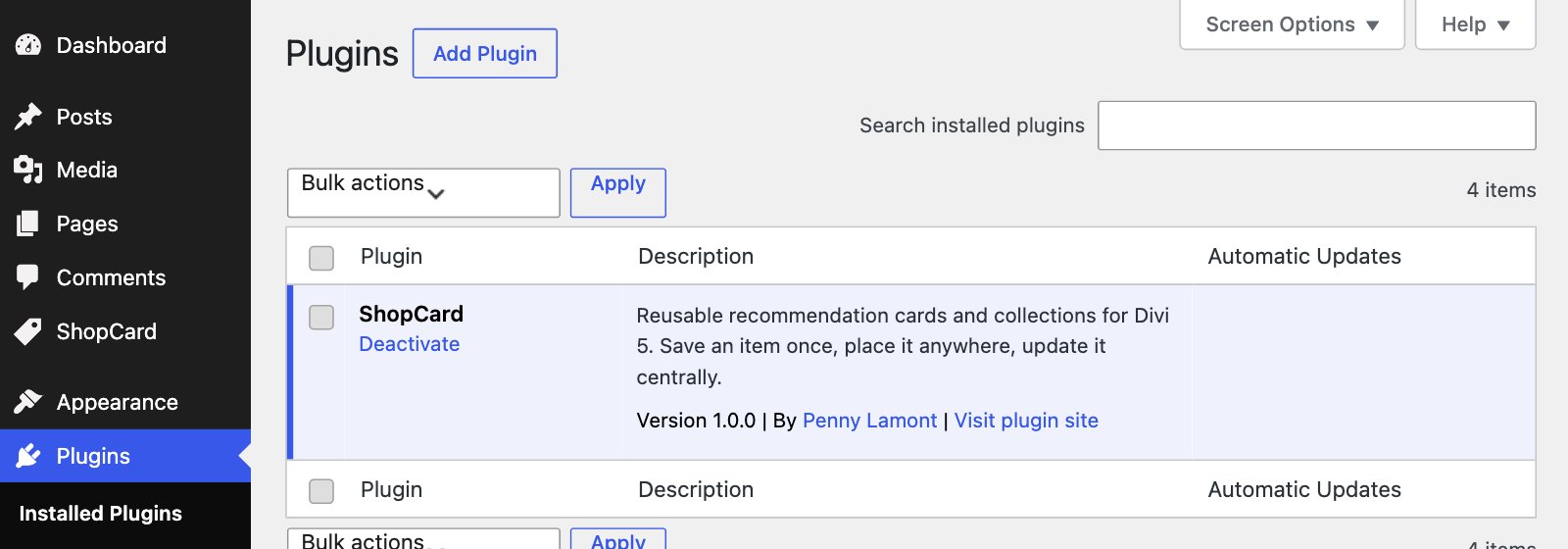 The Plugins screen showing ShopCard activated