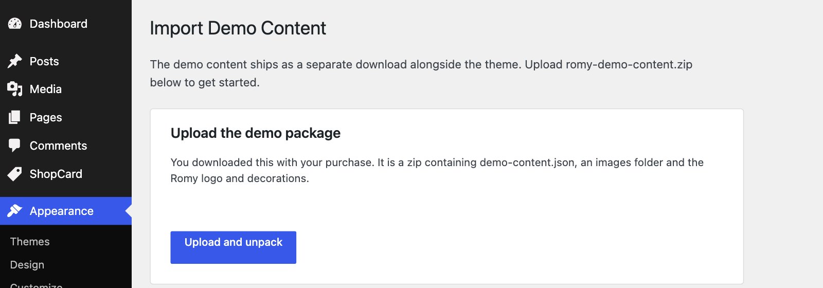 The Import Demo Content screen before a package has been chosen