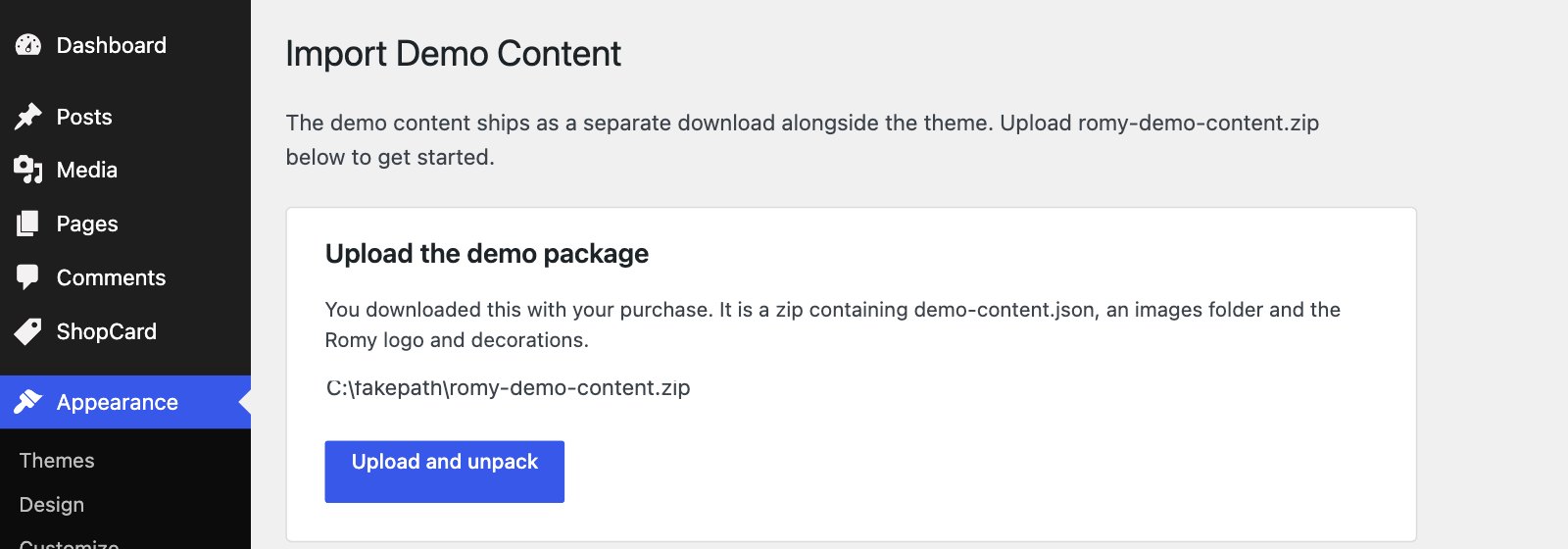 The Import Demo Content screen with romy-demo-content.zip chosen