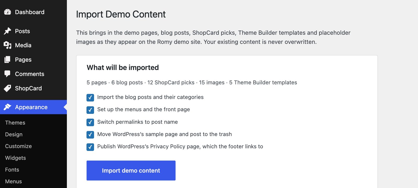 The import options, listing what will be imported with five checkboxes ticked