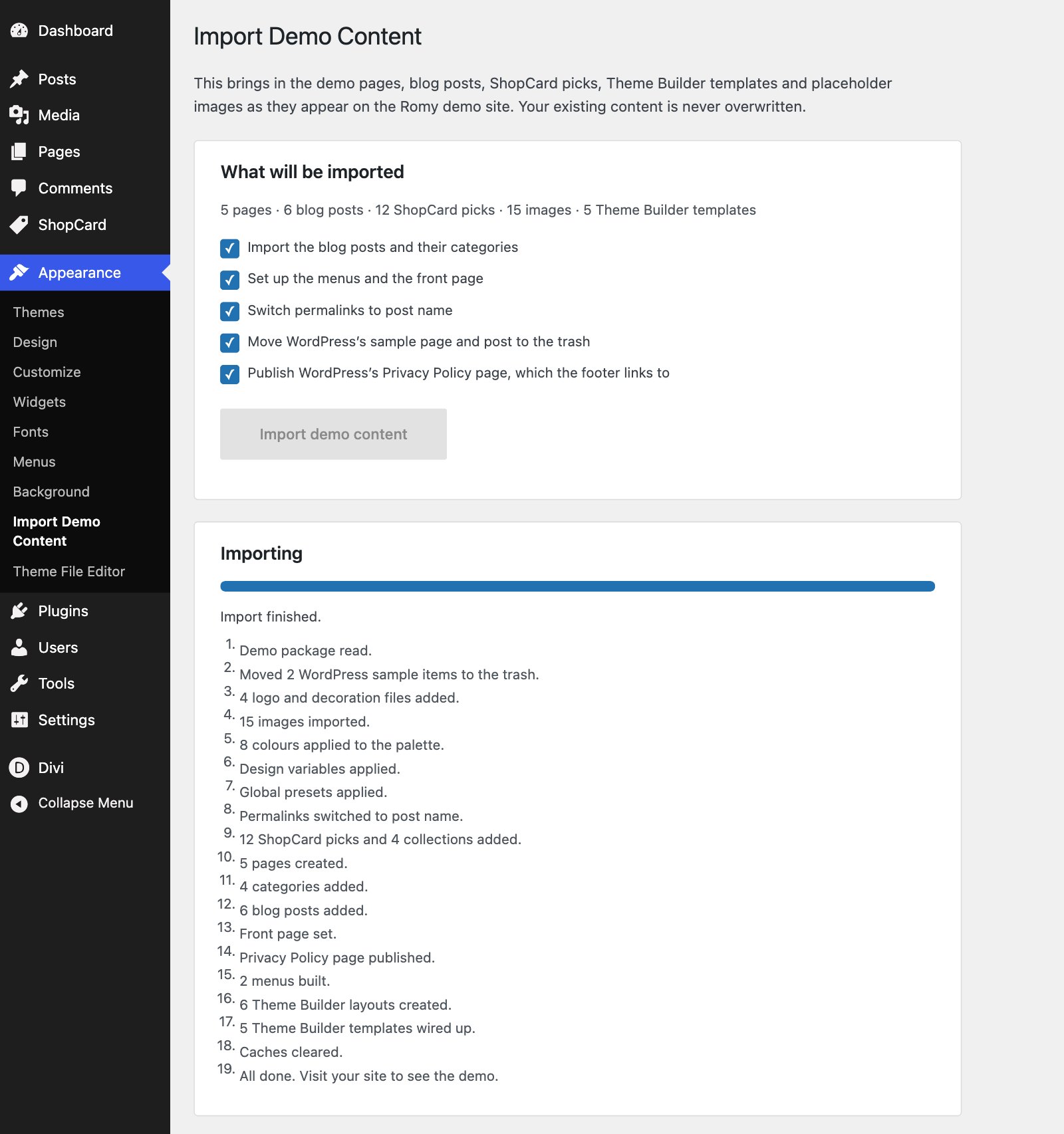 The finished import, with a full progress bar and every completed step listed