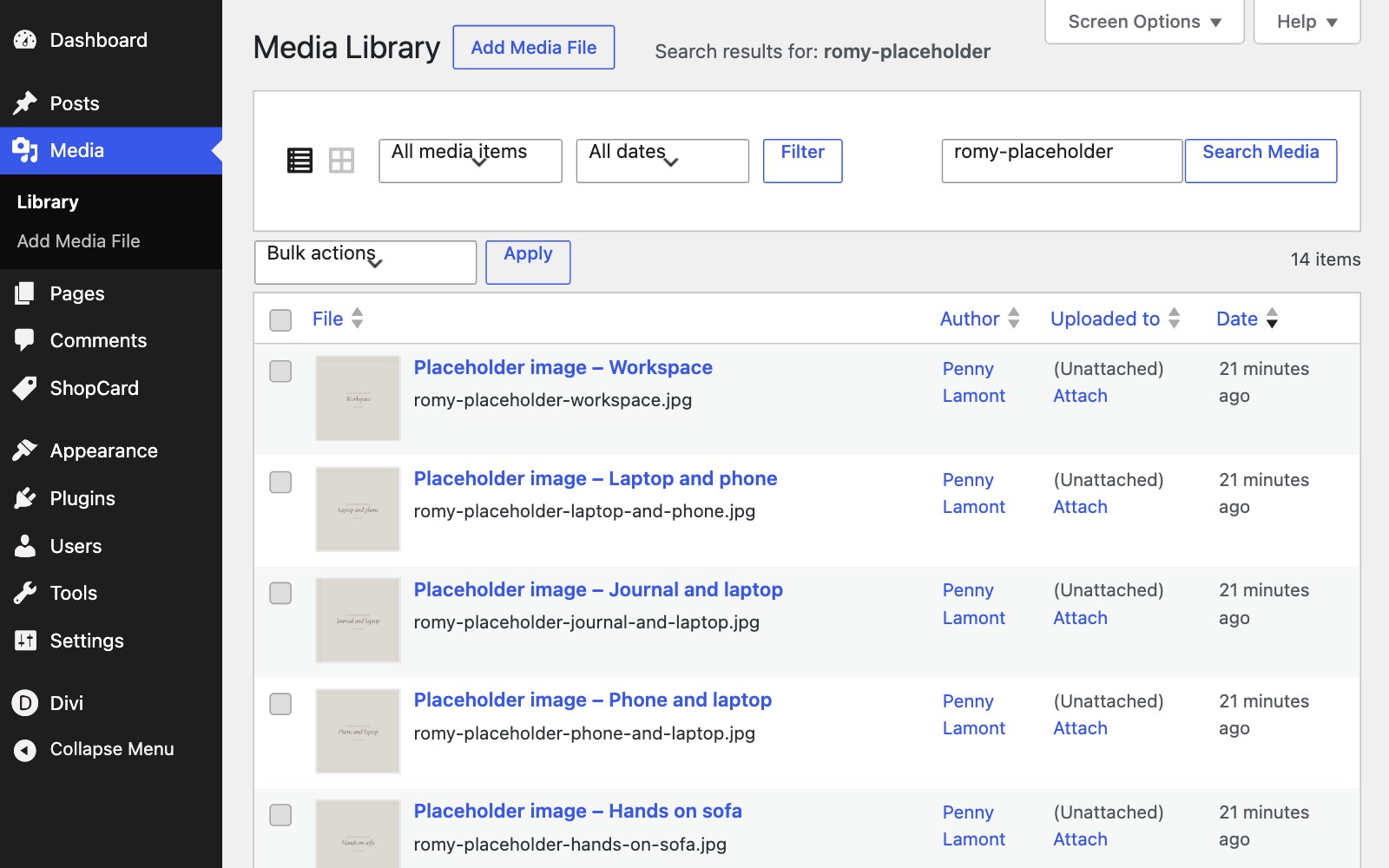 The Media Library searched for romy-placeholder, listing the labelled placeholders