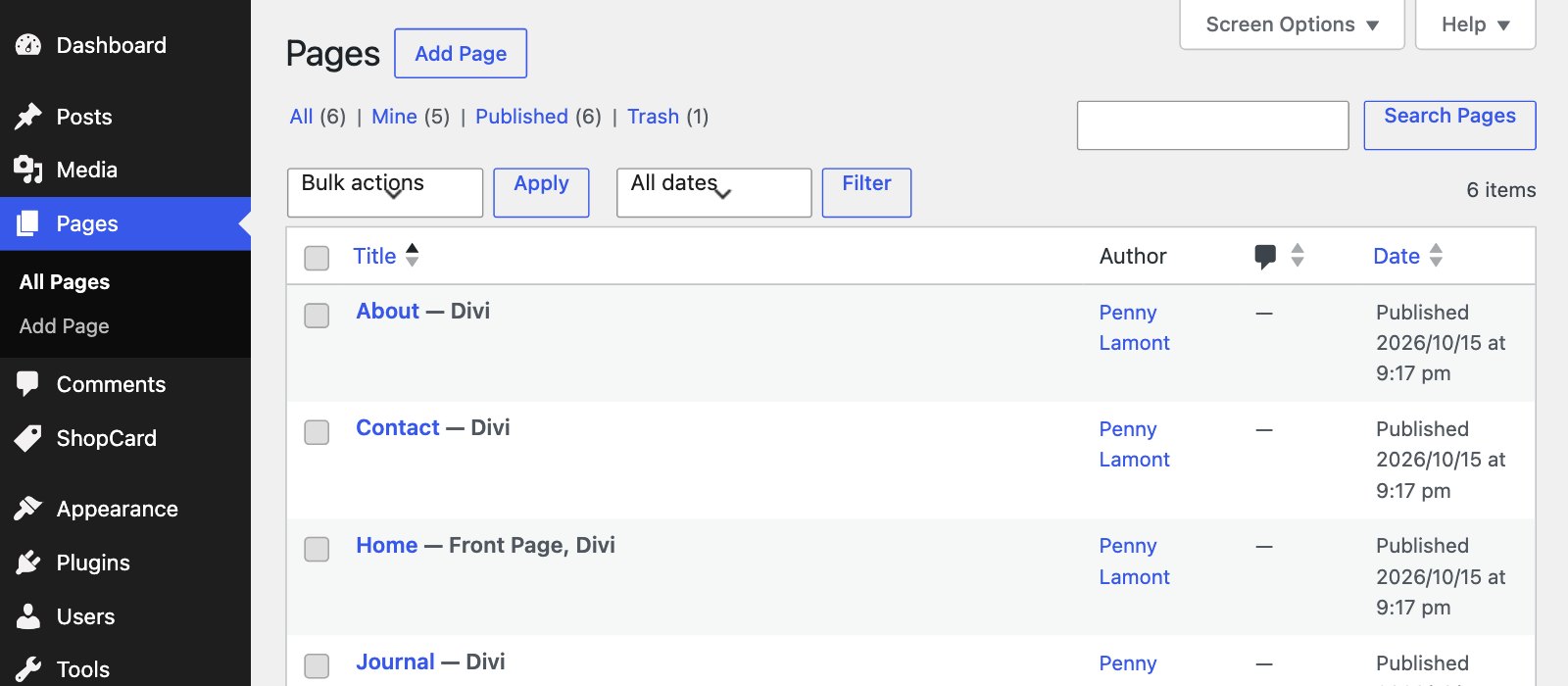 The Pages screen listing the Romy pages, with Home marked as the front page