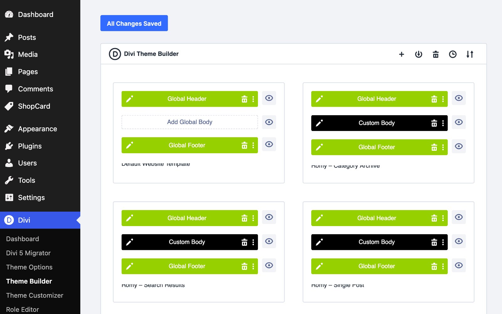 The Divi Theme Builder showing the Romy templates