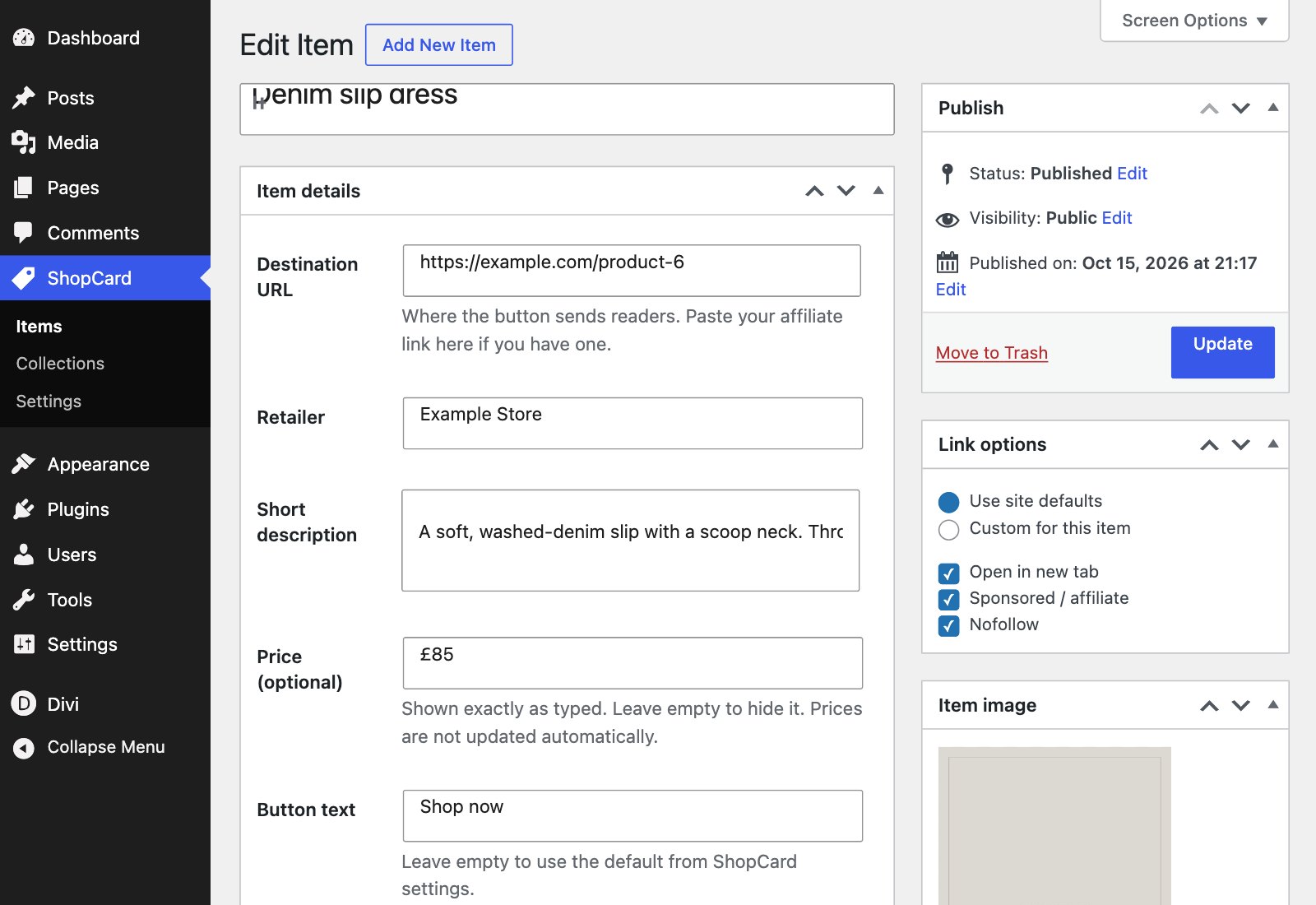 A ShopCard item open for editing, with its link, retailer, description, price and link options