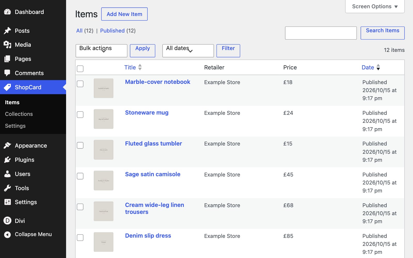 The ShopCard Items screen listing the twelve demo picks