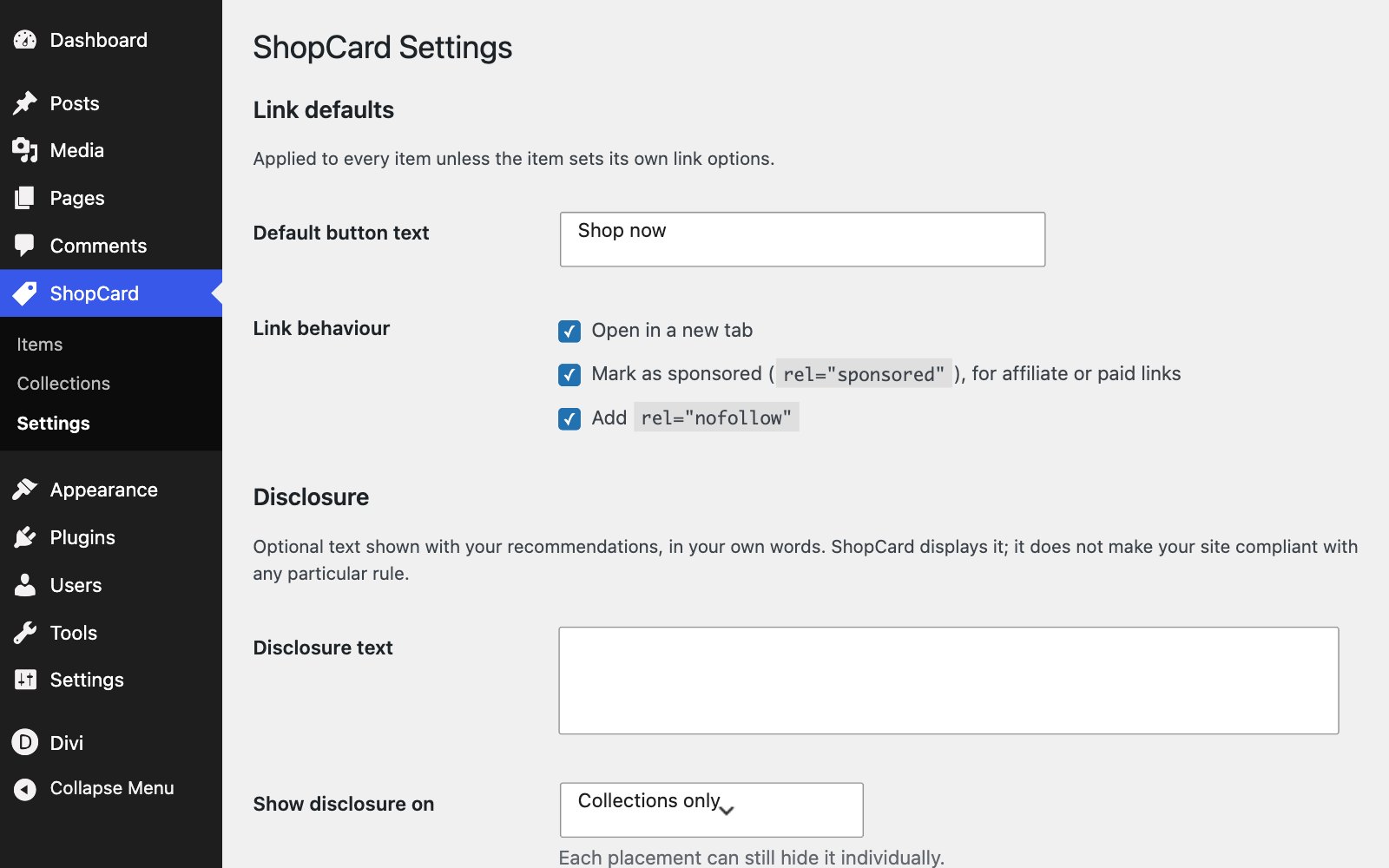 The ShopCard Settings screen with the default button text, link options and disclosure