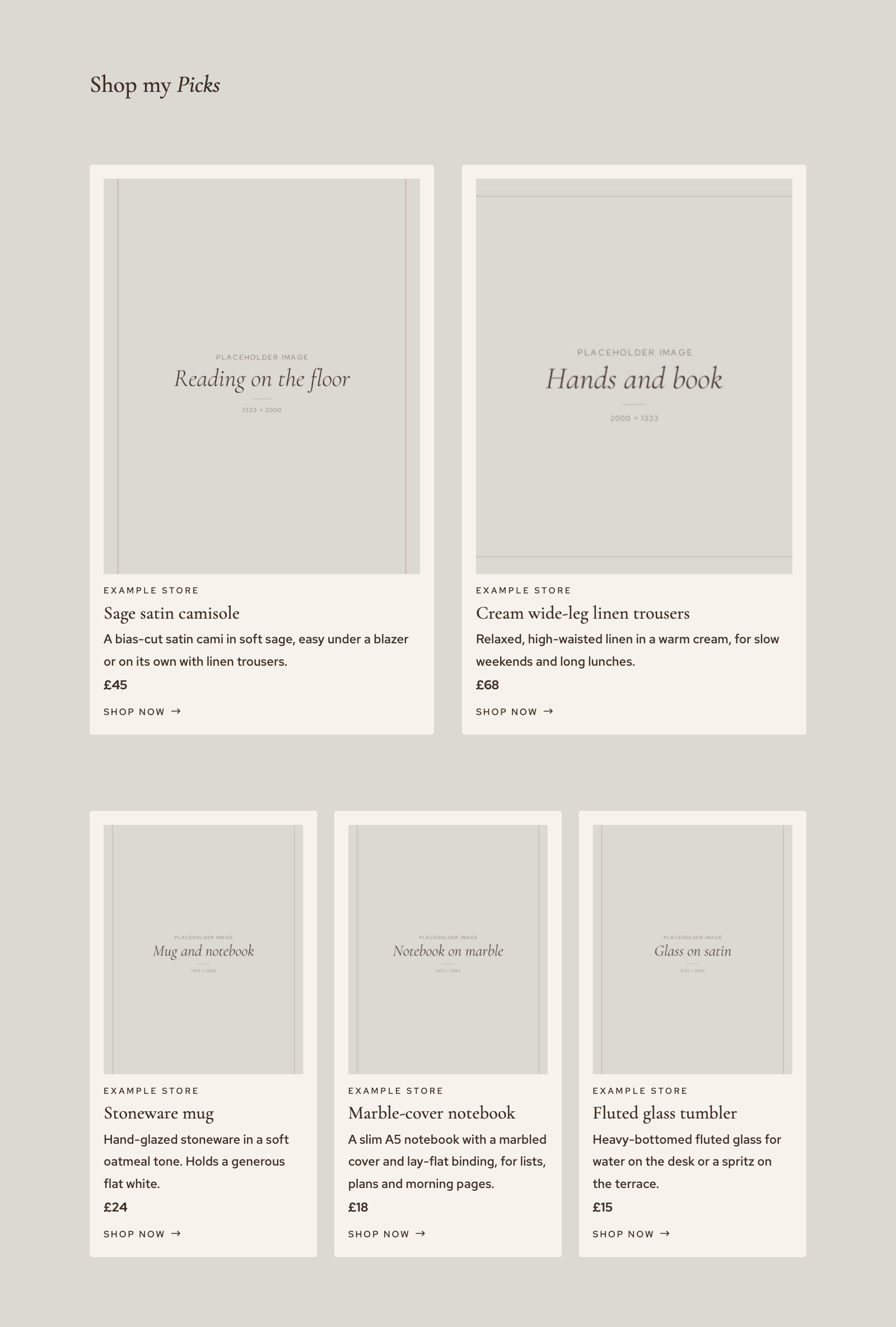 ShopCard items and a collection on a page: each card shows the photo, retailer, product name, description, price and a Shop now link