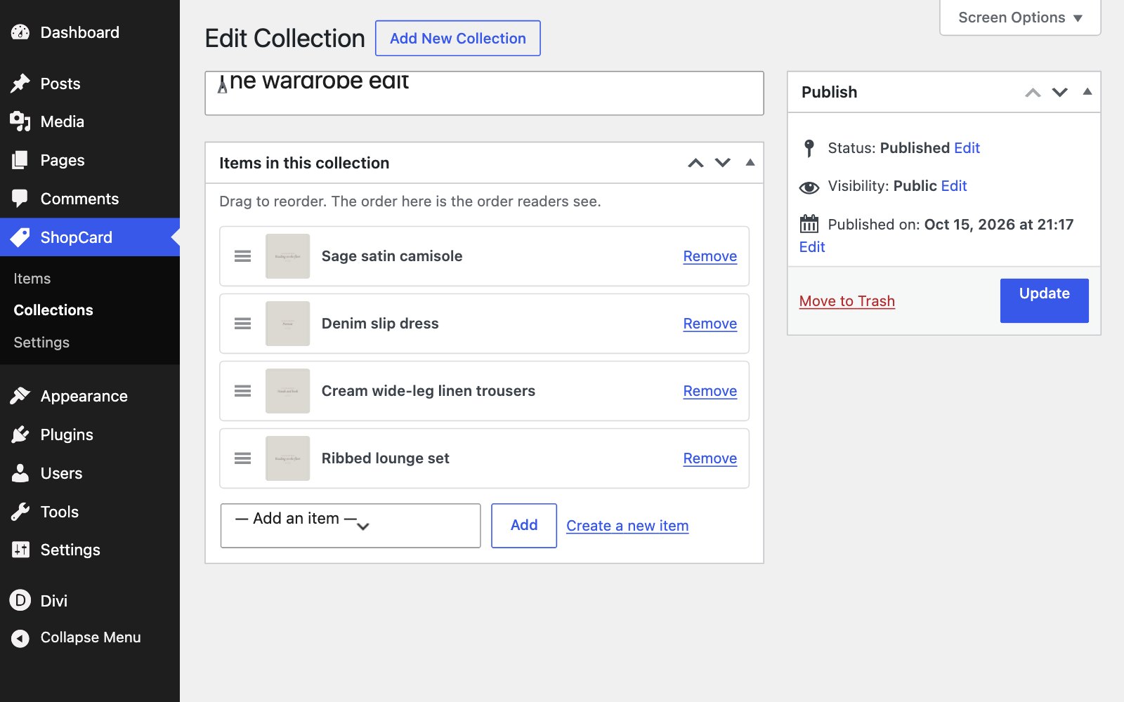 A ShopCard collection open for editing, with its items listed in order and the Add an item control